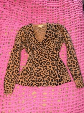 Michael Kors Leopard Print V-Neck Angora Rabbit Hair Sweater - Brown & Black